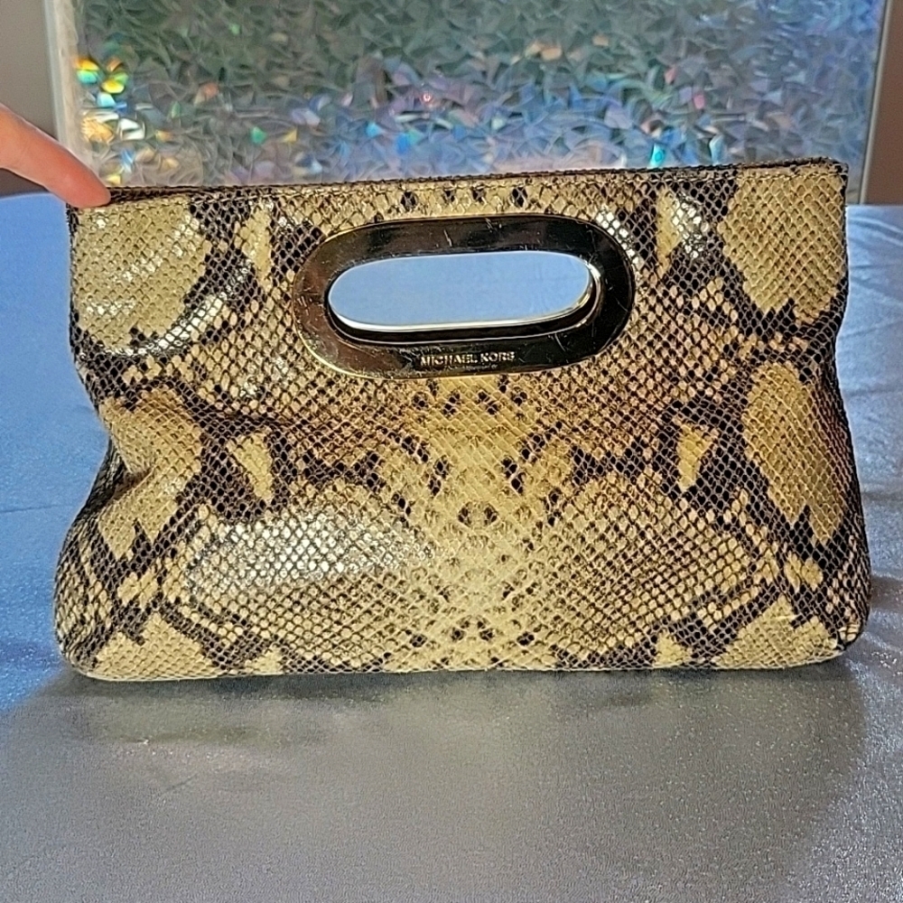 Michael Kors Snakeskin Python Clutch Gold Handle Wristlet Purse Bag